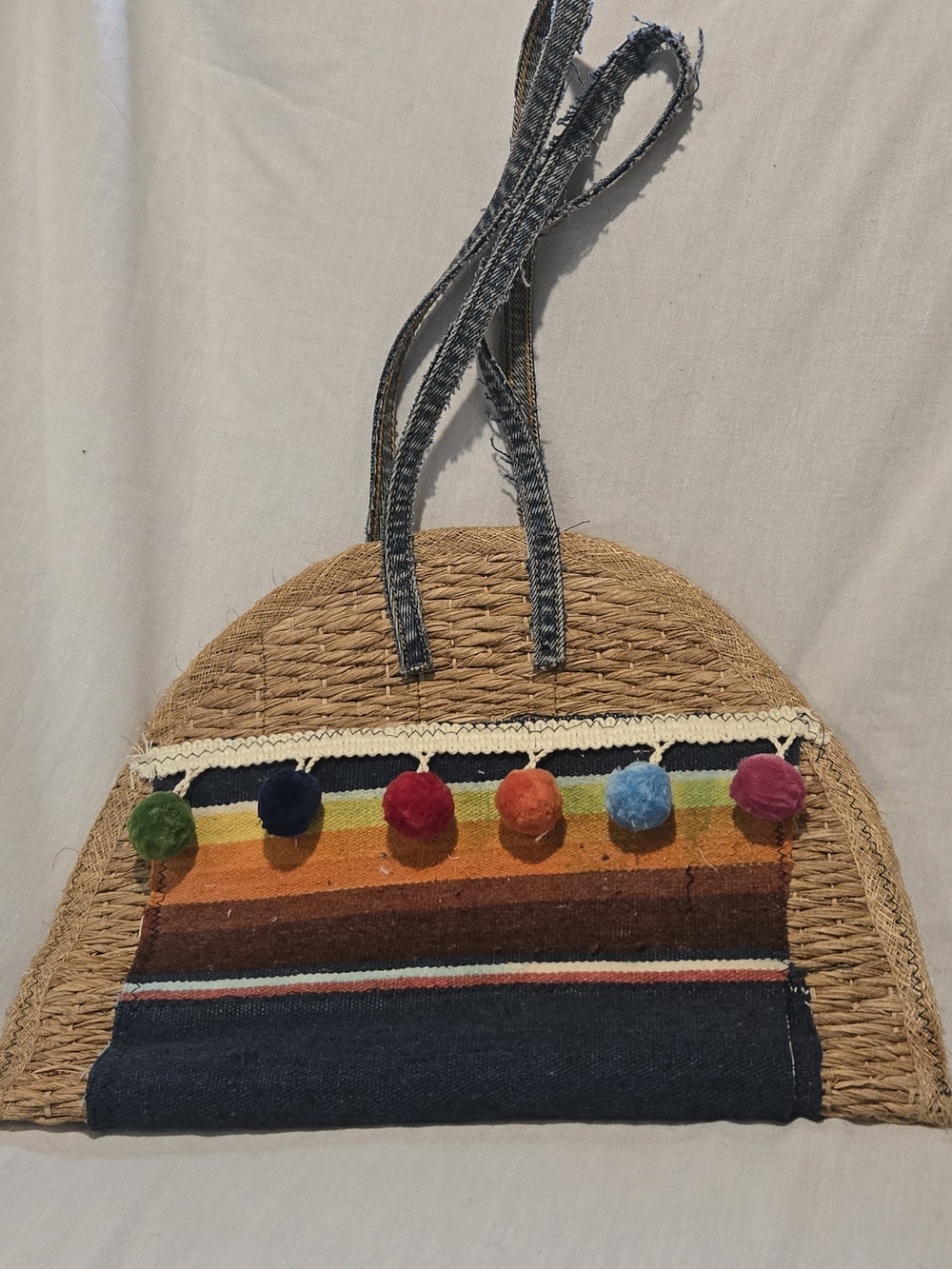 Boho Pom-Pom Straw Tote Bag in Natural and Multicolor